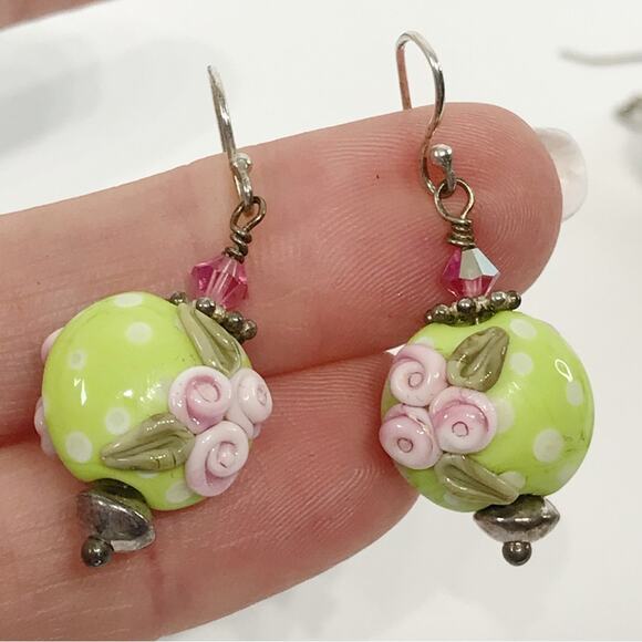 Vintage Lampwork Rose 925 Sterling Art Glass Quartz Beaded Drop Earring Sets Lot - Picture 6 of 16